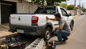 Trabalhador autônomo avaliando uma Fiat Strada usada antes de comprar