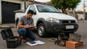 Trabalhador autônomo calculando custos para manter uma Fiat Strada usada
