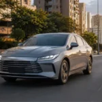 Sedã híbrido plug-in inspirado no BYD King circulando em avenida urbana brasileira com trânsito leve.