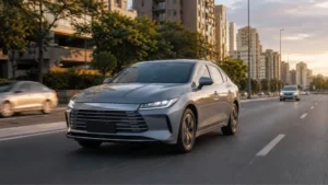 Sedã híbrido plug-in inspirado no BYD King circulando em avenida urbana brasileira com trânsito leve.
