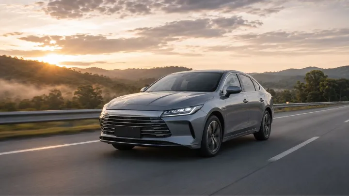 Sedã híbrido plug-in inspirado no BYD King circulando em rodovia brasileira ao amanhecer.