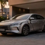 Sedã híbrido plug-in inspirado no BYD King estacionado em garagem residencial com ponto de recarga genérico.