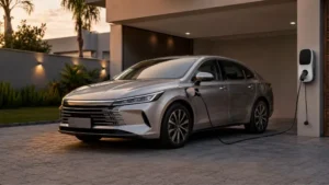 Sedã híbrido plug-in inspirado no BYD King estacionado em garagem residencial com ponto de recarga genérico.