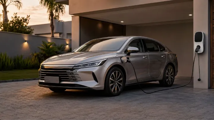 Sedã híbrido plug-in inspirado no BYD King estacionado em garagem residencial com ponto de recarga genérico.