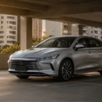 Sedã híbrido plug-in inspirado no BYD King estacionado em garagem de condomínio residencial sem carregador visível.