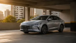 Sedã híbrido plug-in inspirado no BYD King estacionado em garagem de condomínio residencial sem carregador visível.