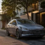 Sedã híbrido plug-in inspirado no BYD King em rua urbana brasileira com ponto de recarga discreto.