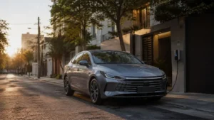 Sedã híbrido plug-in inspirado no BYD King em rua urbana brasileira com ponto de recarga discreto.