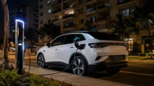 carro elétrico sem garagem carregando em ponto público na rua