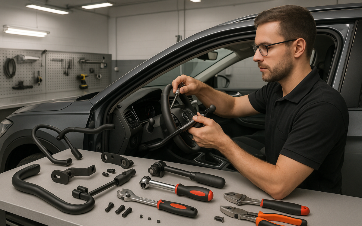 Técnico realizando adaptação veicular PCD em oficina credenciada