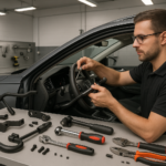 Técnico realizando adaptação veicular PCD em oficina credenciada