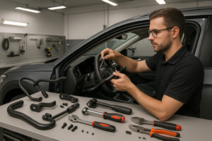 Técnico realizando adaptação veicular PCD em oficina credenciada