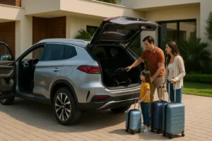 BYD Song Plus espaço interno com malas e carrinho de bebê