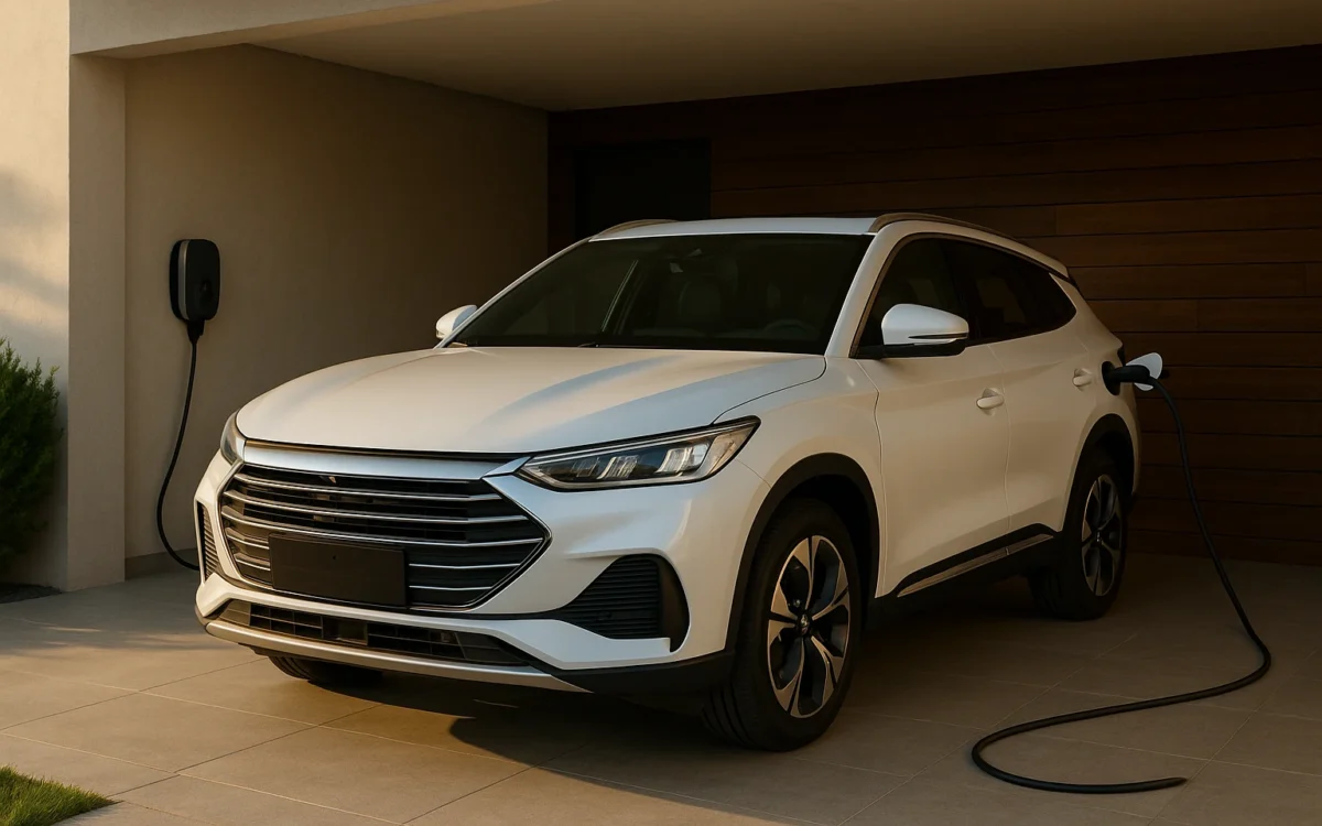 BYD Song Plus híbrido plug-in conectado a um carregador em garagem residencial