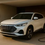 BYD Song Plus híbrido plug-in conectado a um carregador em garagem residencial