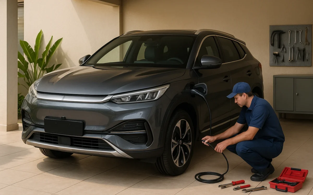 BYD Song Plus manutenção e inspeção do sistema de recarga em garagem