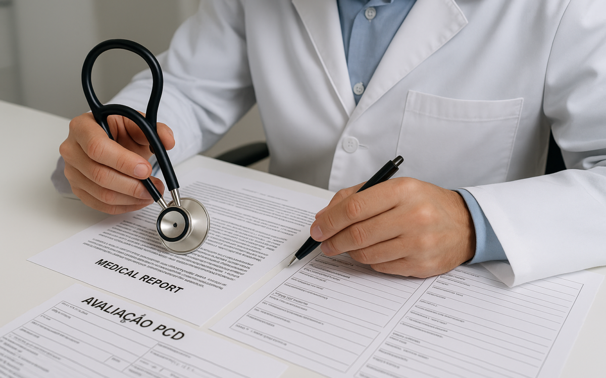 Médico revisando laudo para doenças carro PCD