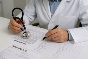 Médico revisando laudo para doenças carro PCD