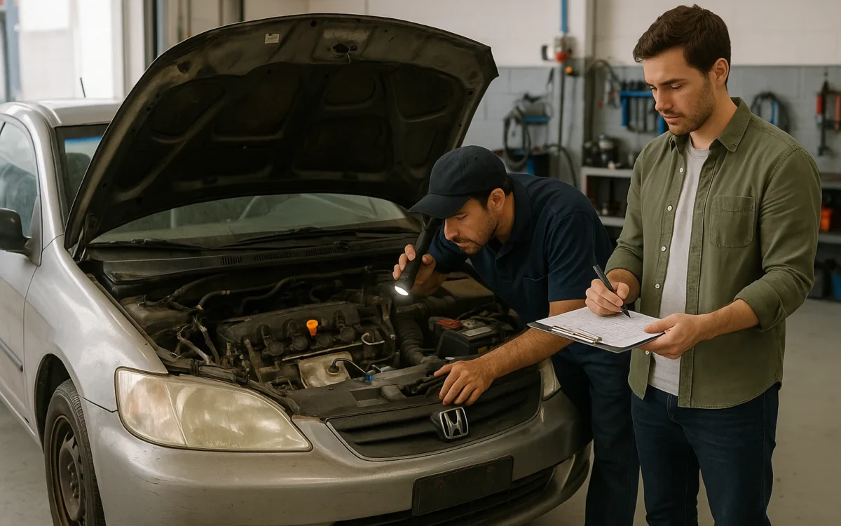 Honda Civic usado sendo avaliado em oficina antes da compra