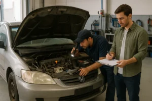 Honda Civic usado sendo avaliado em oficina antes da compra