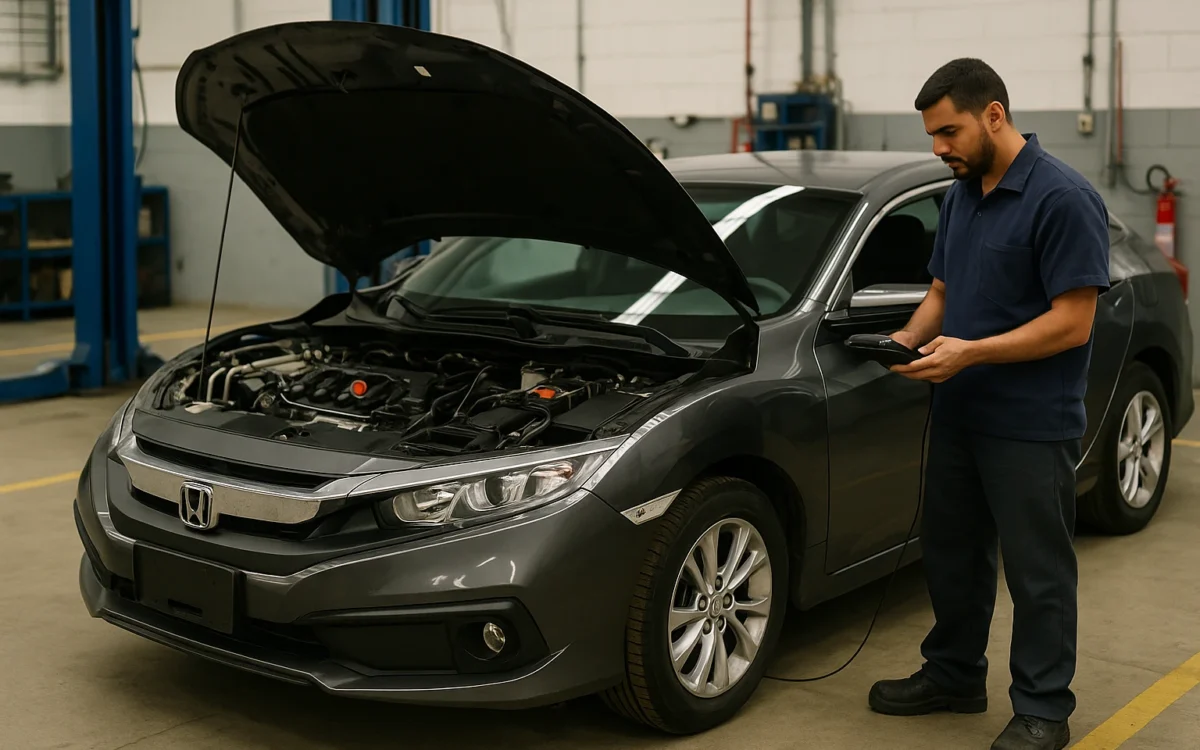 Honda Civic Usado sendo avaliado em uma inspeção mecânica