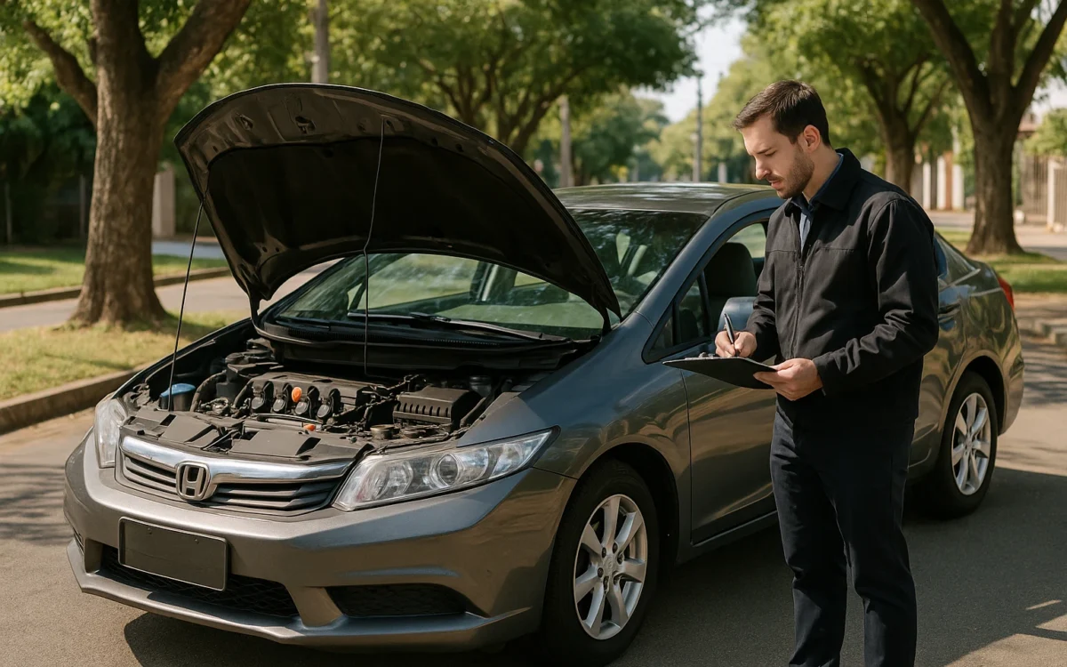 Honda Civic usado dos melhores anos sendo inspecionado antes da compra