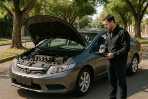 Honda Civic usado dos melhores anos sendo inspecionado antes da compra