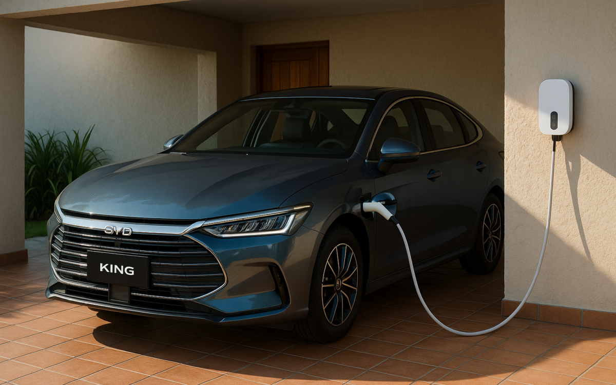 Novo BYD King híbrido plug-in sendo recarregado em garagem residencial