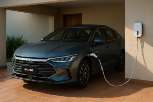 Novo BYD King híbrido plug-in sendo recarregado em garagem residencial