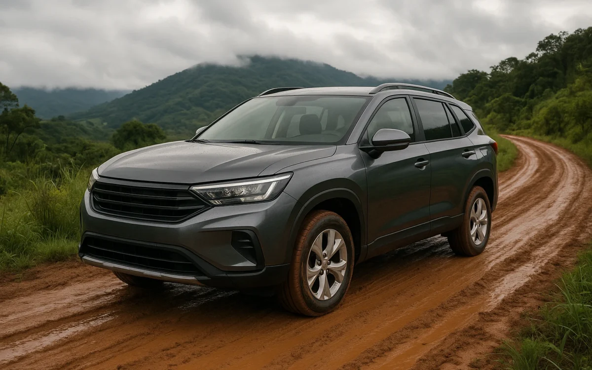Tração 4x4 para estrada de terra em SUV subindo trecho rural molhado