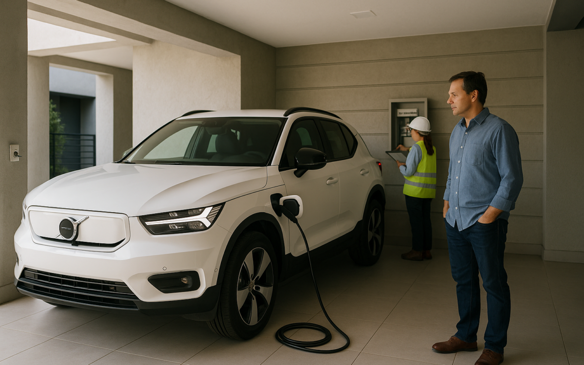 Carregador de carro elétrico em condomínio instalado ao lado de um SUV na garagem