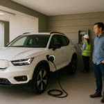 Carregador de carro elétrico em condomínio instalado ao lado de um SUV na garagem