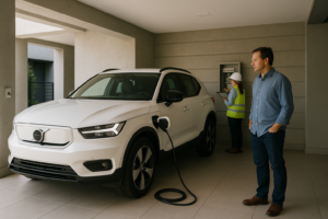 Carregador de carro elétrico em condomínio instalado ao lado de um SUV na garagem