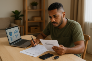 Pessoa analisando documentos para consultar o SCR após financiamento negado