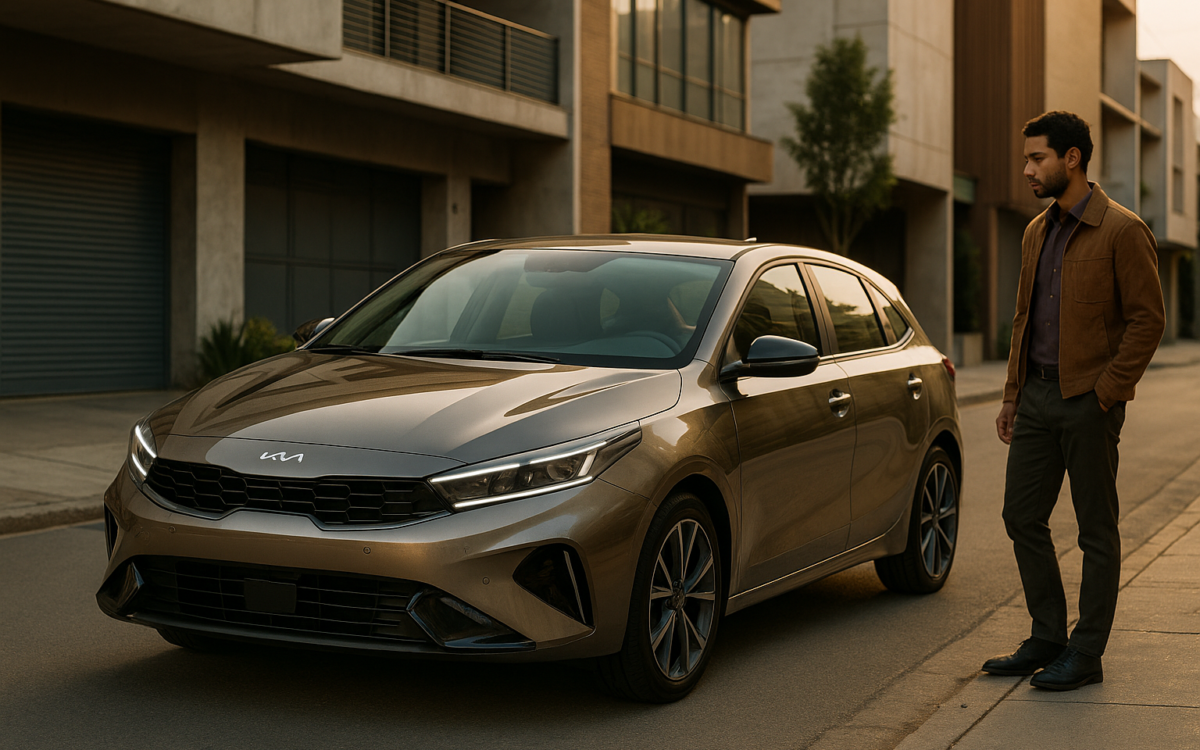 Kia K3 hatchback moderno em ambiente urbano