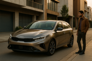 Kia K3 hatchback moderno em ambiente urbano