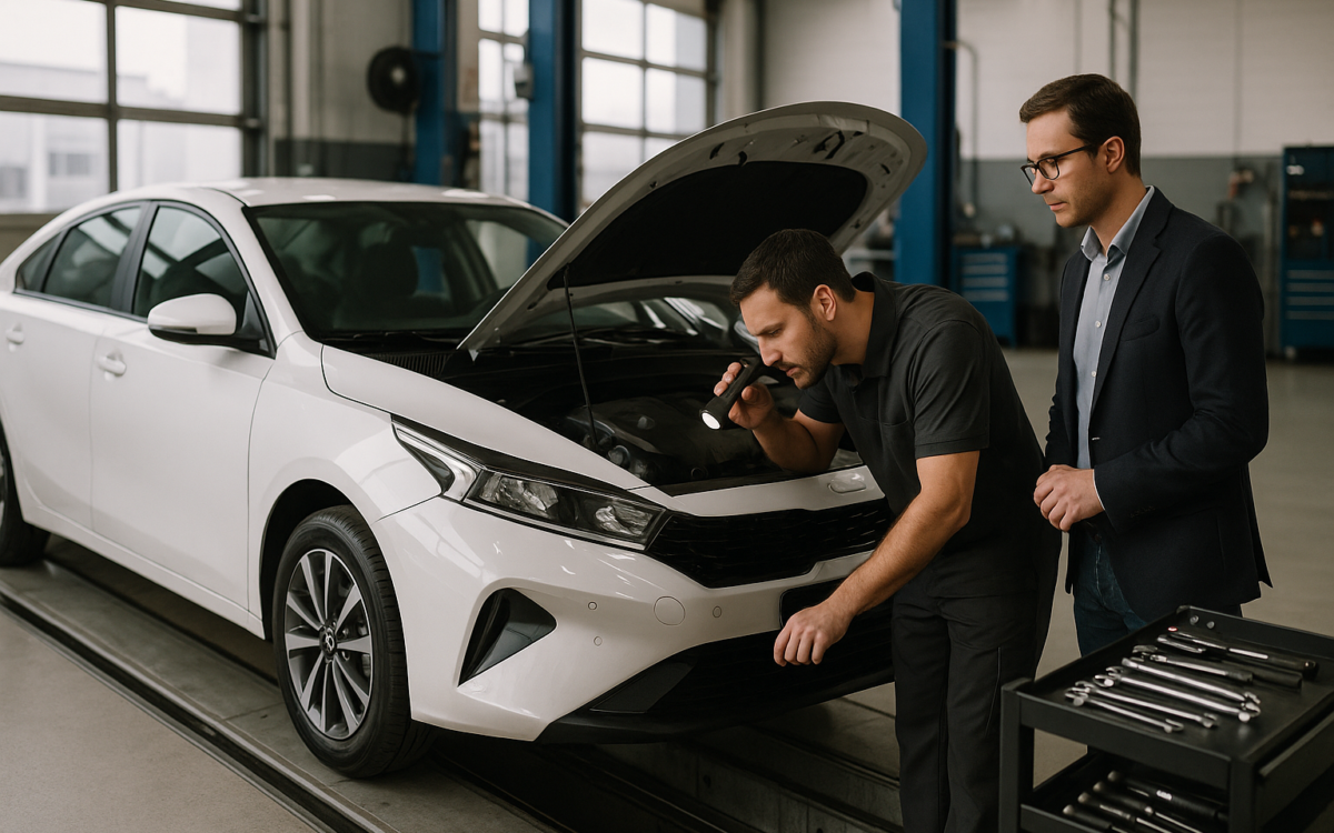 Kia K3 problemas sendo verificados em uma inspeção automotiva