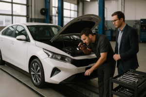 Kia K3 problemas sendo verificados em uma inspeção automotiva