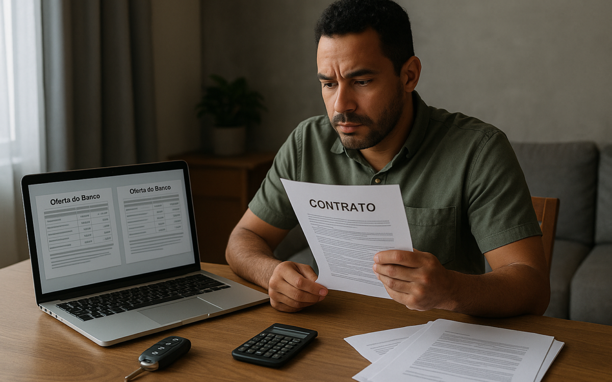 Portabilidade do financiamento do carro sendo analisada em uma mesa com contrato e propostas