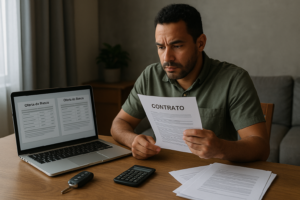 Portabilidade do financiamento do carro sendo analisada em uma mesa com contrato e propostas