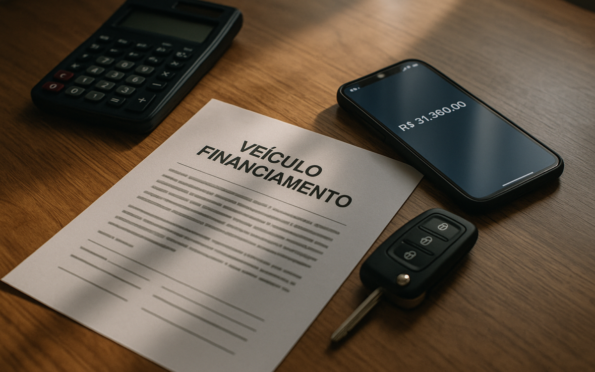 Saldo devedor do financiamento do carro sendo conferido em uma mesa