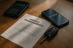 Saldo devedor do financiamento do carro sendo conferido em uma mesa