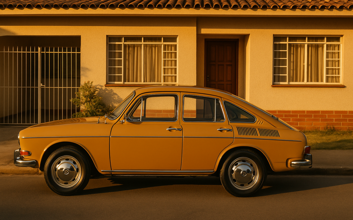 VW 1600 TL clássico em frente a uma casa familiar brasileira