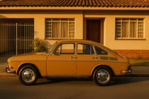VW 1600 TL clássico em frente a uma casa familiar brasileira