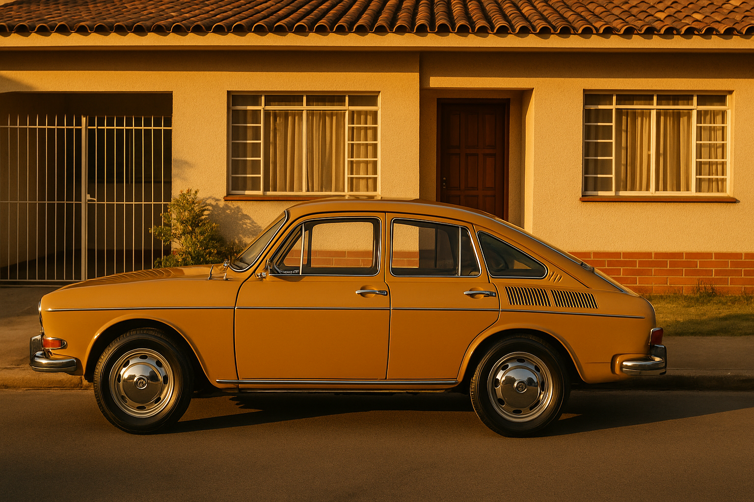 VW 1600 TL clássico em frente a uma casa familiar brasileira