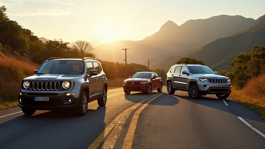 Carro Jeep 2026 com modelos da linha brasileira em uma estrada